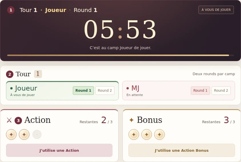 Exemple d’une table en cours : chronomètre en haut, camps au centre, puis réserves d’Actions et de Bonus.